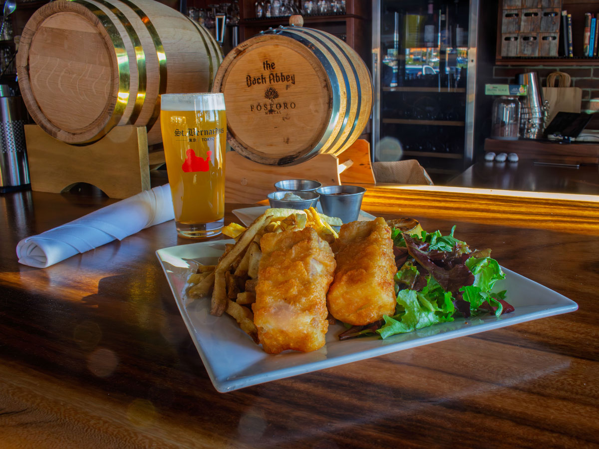 Fish and Chips with a bar background