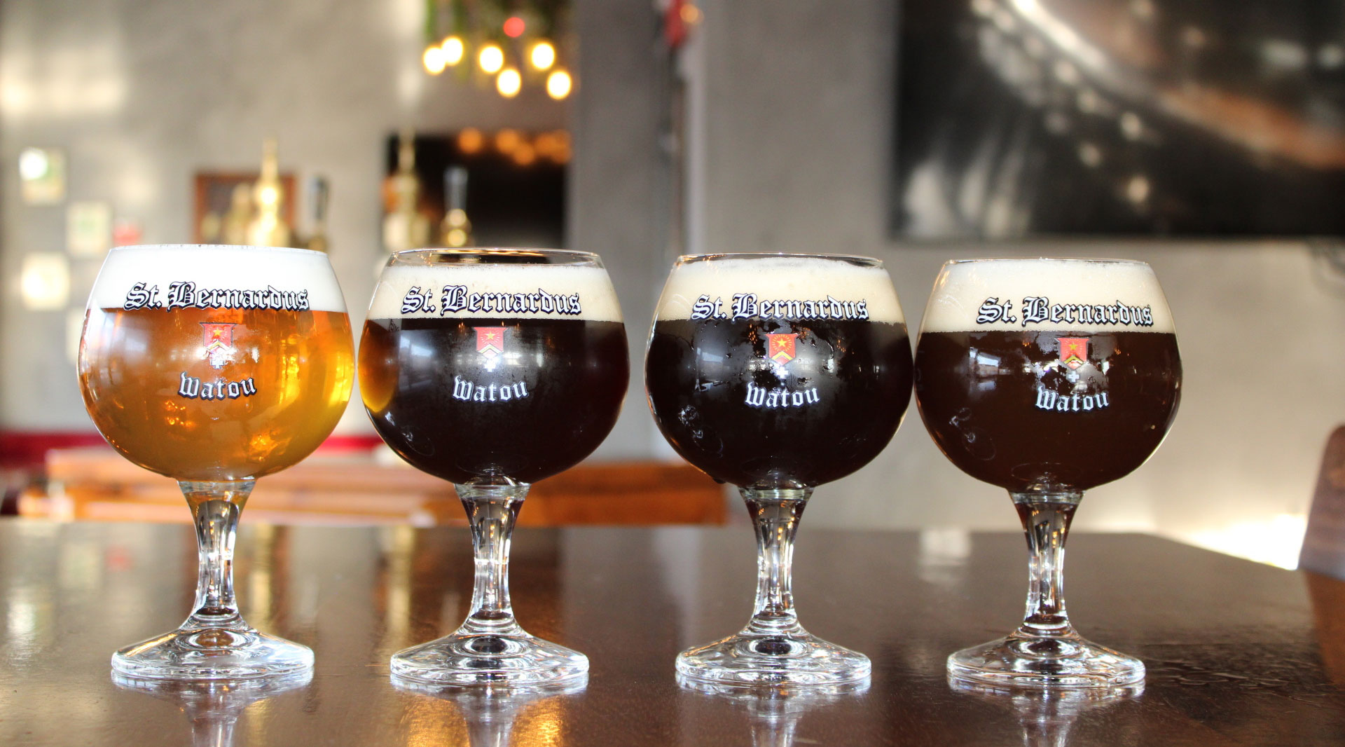 Four St Bernardous drinks lined up on counter
